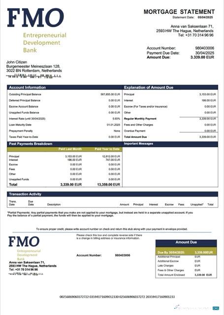 Download Netherlands FMO Bank mortgage statement Word and PDF template Photoshop template